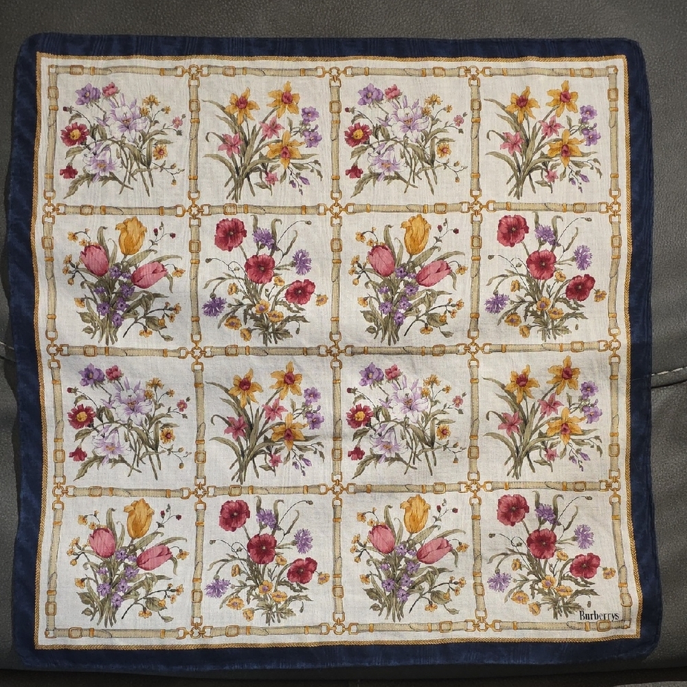 Vintage Burberry Floral Checkered Scarf with Navy Border